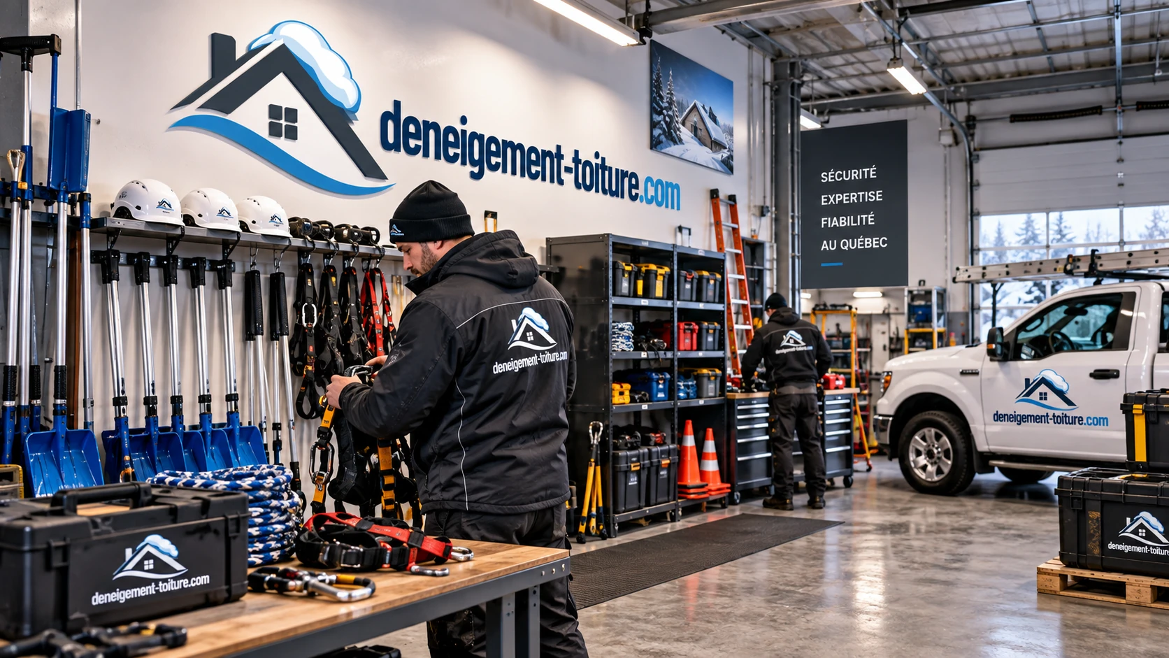Atelier de l'équipe : perches télescopiques, harnais, casques et camion identifié