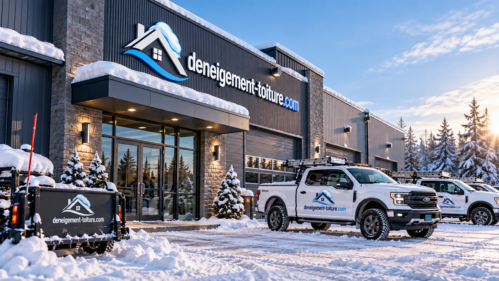 Façade de l'entreprise en hiver, camions et remorque identifiés sous la neige