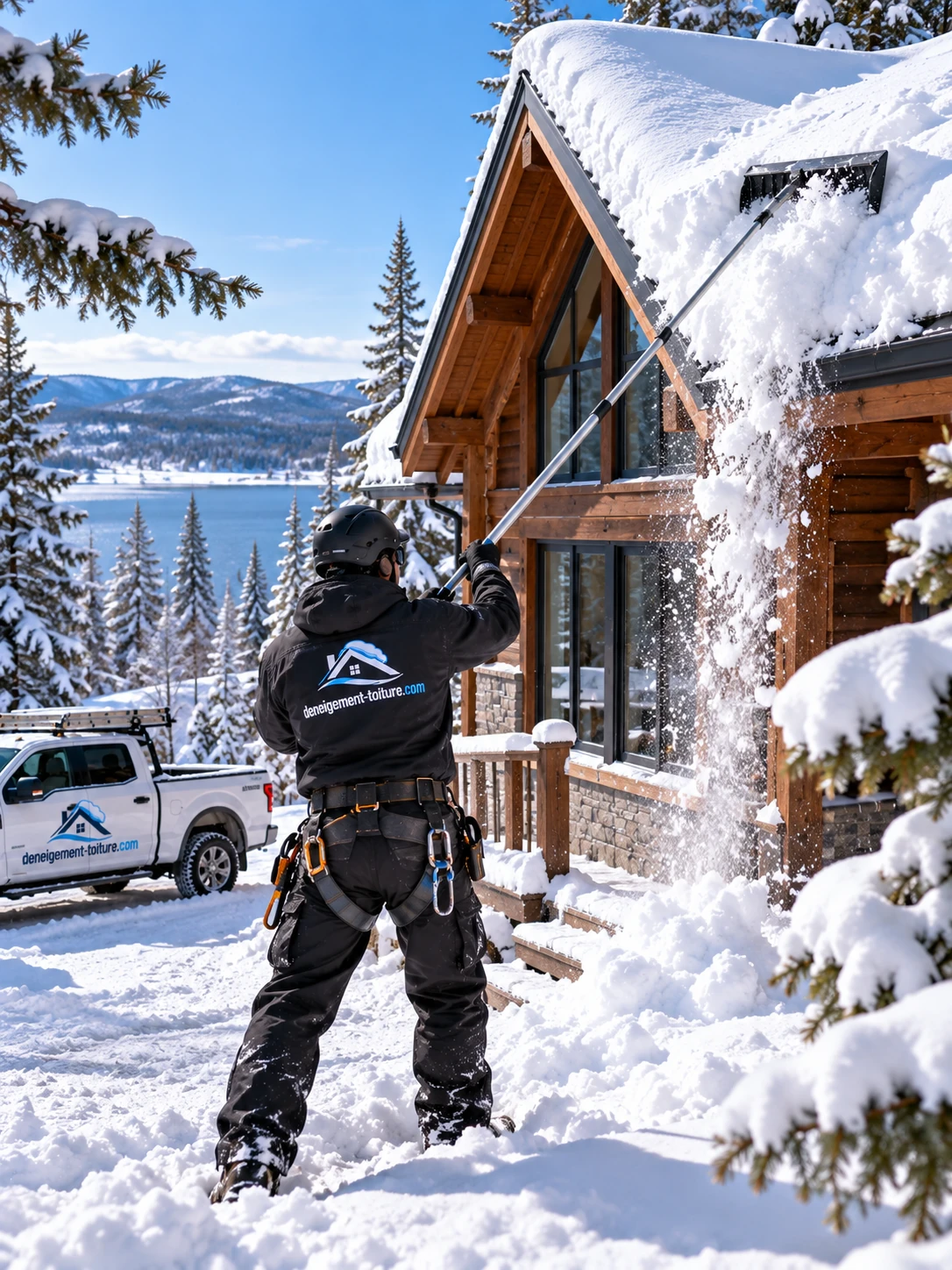 Ouvrier dégageant à la perche la toiture d'un chalet en bois au bord d'un lac